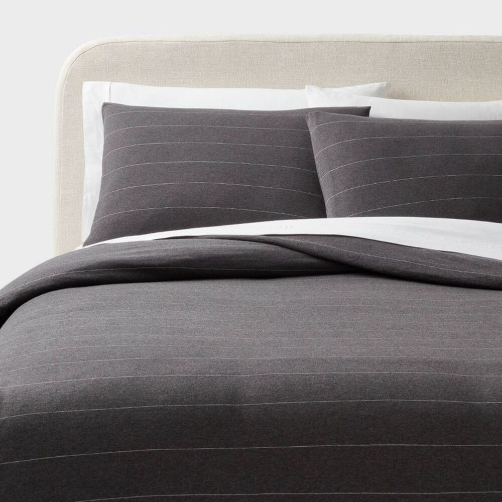 Full/Queen Soft Knit Cotton Striped Jersey Duvet Set - Dark Gray